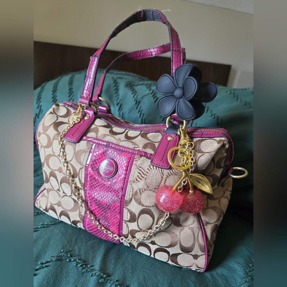 Coach Signature Python Stripe Satchel Raspberry Pink